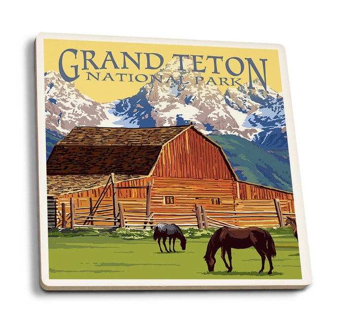 Coaster (Grand Teton National Park, Wyoming - Barn & Mountains - Lantern Press Artwork) Coaster Nightingale Boutique Coaster Pack 