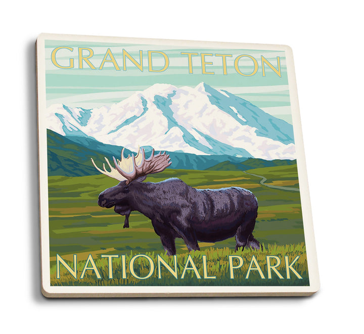 Coaster (Grand Teton National Park, Wyoming - Moose & Mountain - Lantern Press Artwork) Coaster Nightingale Boutique Coaster Pack 