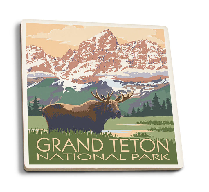 Coaster (Grand Teton National Park, Wyoming - Moose & Mountains - Lantern Press Artwork) Coaster Nightingale Boutique Coaster Pack 