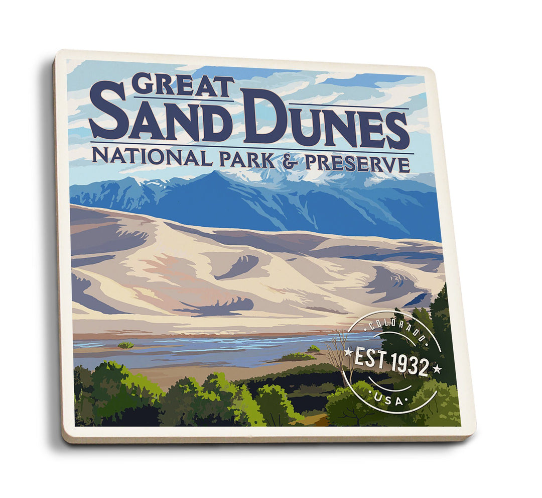 Coaster (Great Sand Dunes National Park & Preserve, Colorado - Rubber Stamp - Lantern Press Artwork) Coaster Nightingale Boutique Coaster Pack 