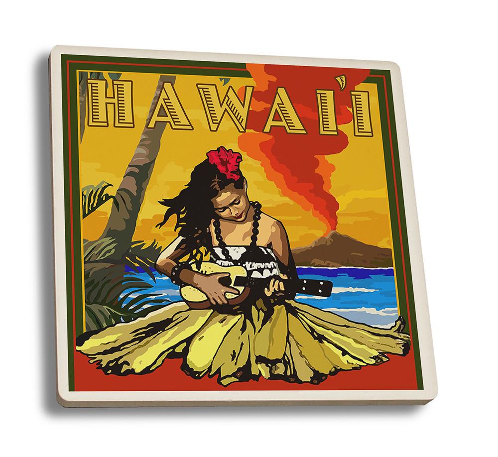 Coaster (Hawaii - Hula Girl & Ukulele - Lantern Press Artwork) Coaster Nightingale Boutique Coaster Set 