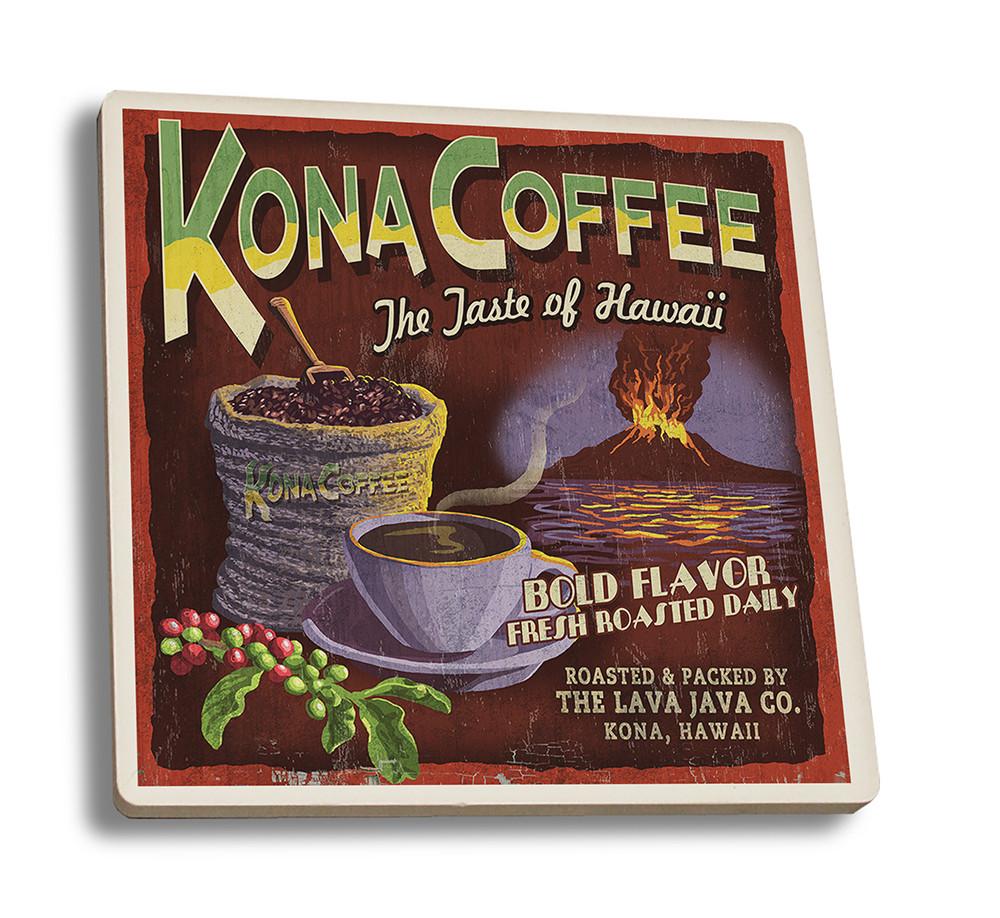 Coaster (Hawaii - Kona Coffee Vintage Sign - Lantern Press Artwork) Coaster Nightingale Boutique Coaster Set 