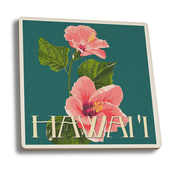 Coaster (Hawaii - Pink Hibiscus Flower Letterpress - Lantern Press Artwork) Coaster Nightingale Boutique Coaster Set 