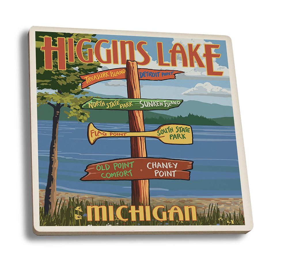 Coaster (Higgins Lake, Michigan - Destinations Sign - Lantern Press Artwork) Coaster Nightingale Boutique Coaster Set 
