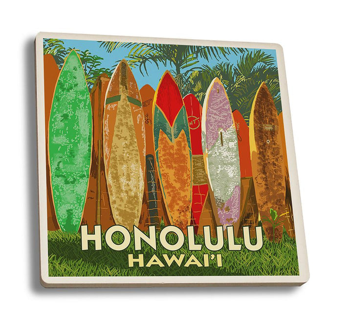 Coaster (Honolulu, Hawaii - Surfboard Fence - Lantern Press Artwork) Coaster Nightingale Boutique Coaster Set 