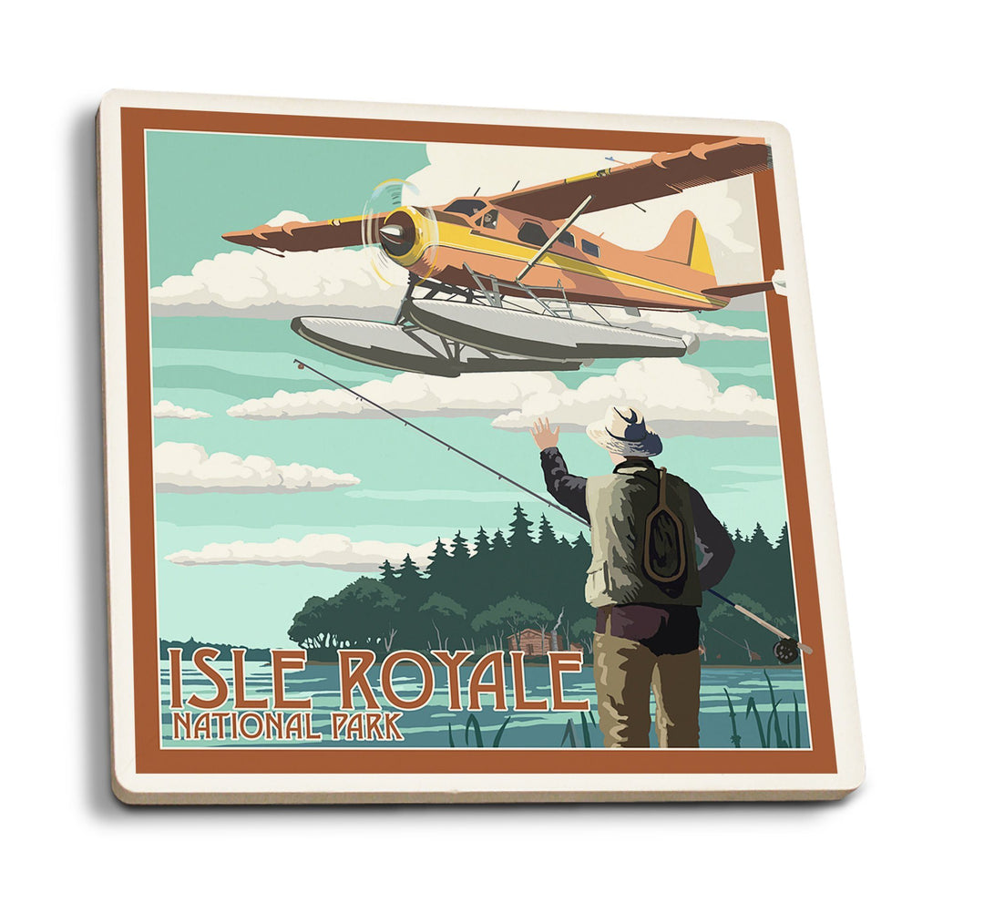 Coaster (Isle Royale National Park, Michigan - Float Plane & Fisherman - Lantern Press Artwork) Coaster Nightingale Boutique Coaster Pack 