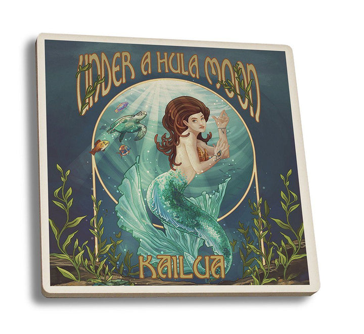 Coaster (Kailua, Hawaii - Under a Hula Moon - Mermaid - Lantern Press Artwork) Coaster Nightingale Boutique Coaster Set 