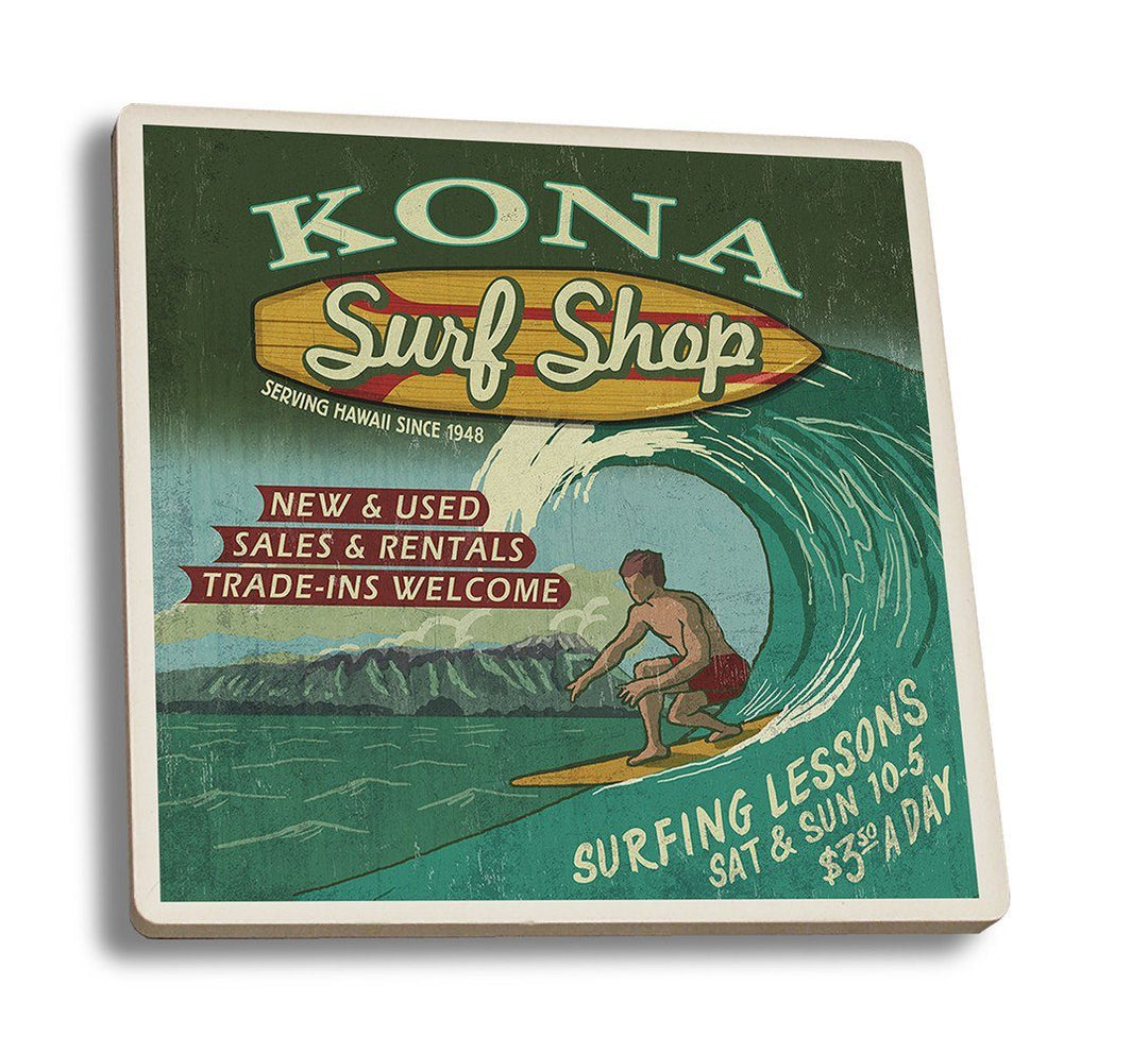 Coaster (Kona, Hawaii - Surf Shop Vintage Sign - Lantern Press Artwork) Coaster Nightingale Boutique Coaster Set 