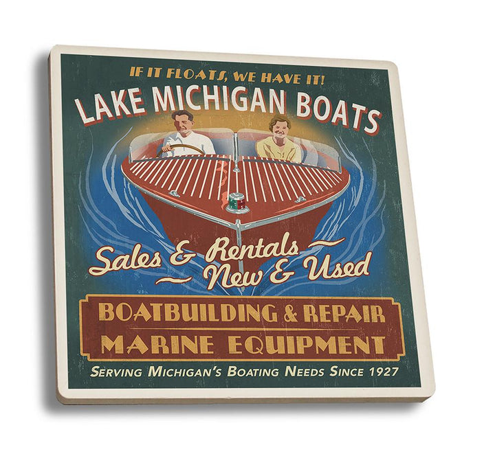 Coaster (Lake Michigan, Michigan - Boat Shop Vintage Sign - Lantern Press Artwork) Coaster Nightingale Boutique Coaster Set 