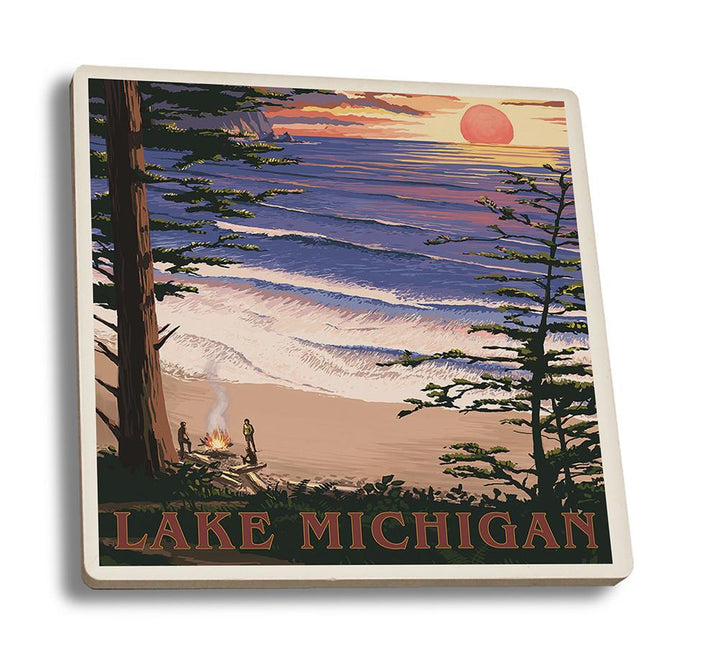 Coaster (Lake Michigan - Sunset on Beach - Lantern Press Artwork) Coaster Nightingale Boutique Coaster Set 