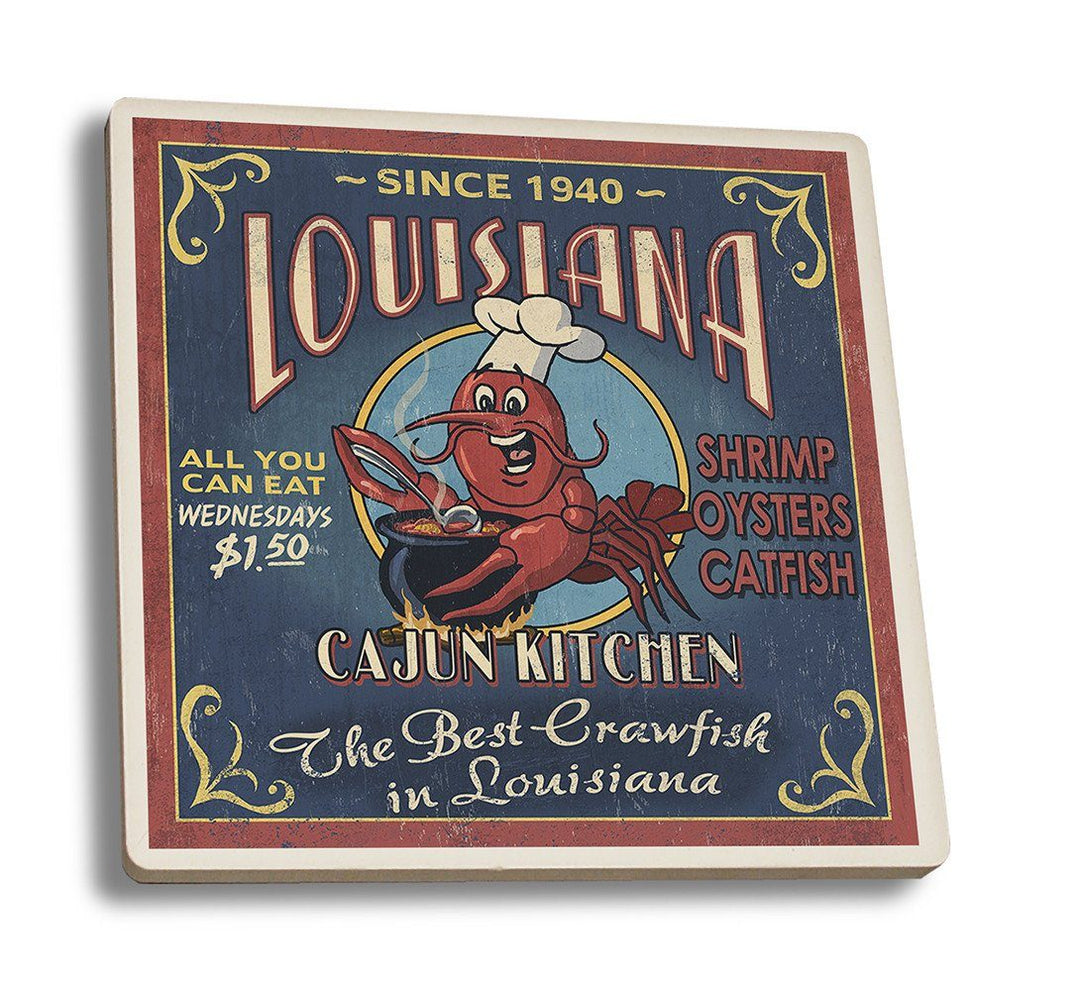 Coaster (Louisiana - Cajun Kitchen Crawfish Vintage Sign - Lantern Press Artwork) Coaster Nightingale Boutique Coaster Set 