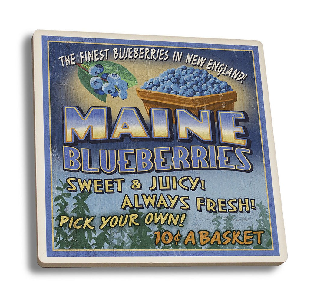 Coaster (Maine - Blueberries Vintage Sign - Lantern Press Artwork) Coaster Nightingale Boutique Coaster Set 