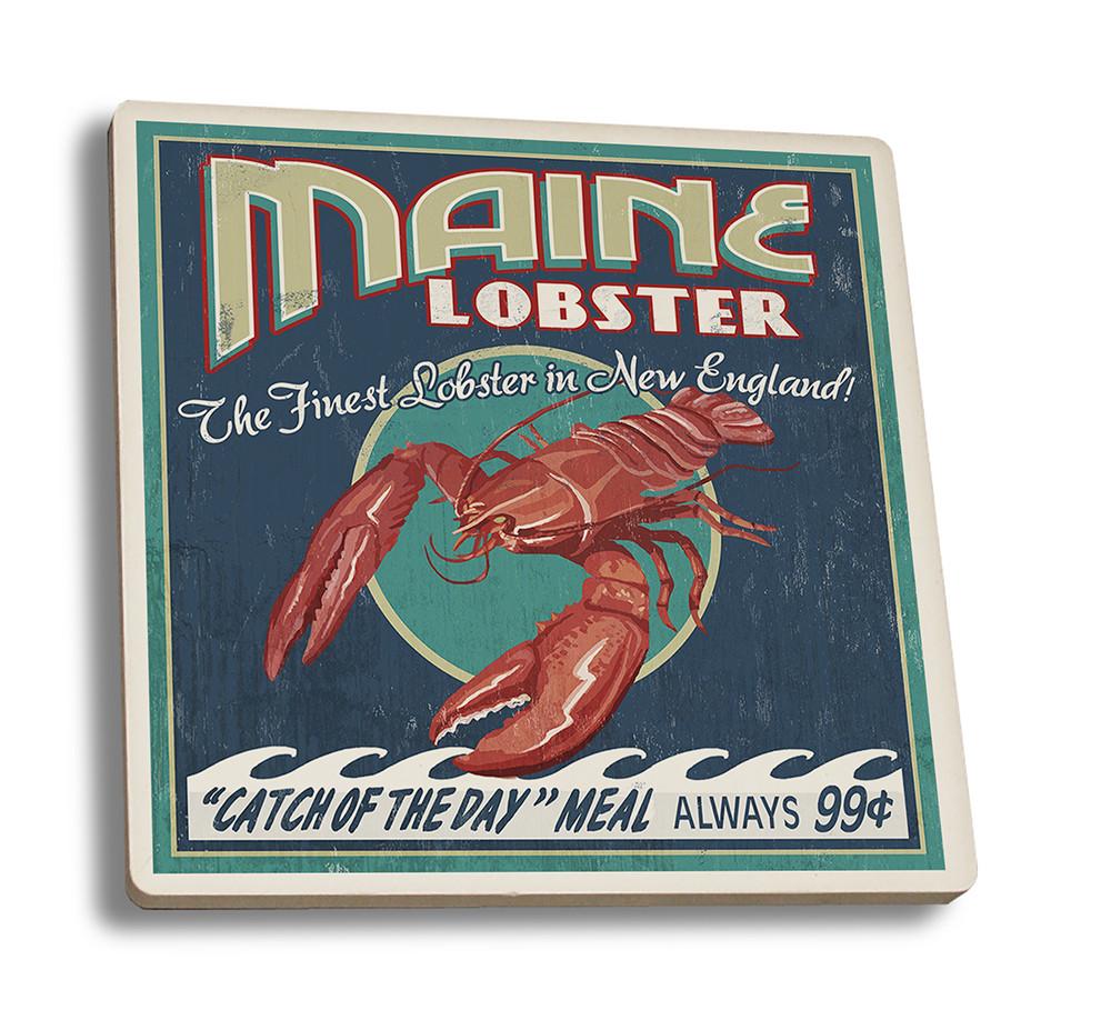 Coaster (Maine - Lobster Vintage Sign - Lantern Press Artwork) Coaster Nightingale Boutique Coaster Set 