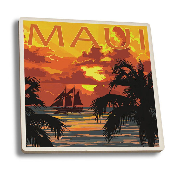 Coaster (Maui, Hawaii - Sunset & Ship - Lantern Press Artwork) Coaster Nightingale Boutique Coaster Set 