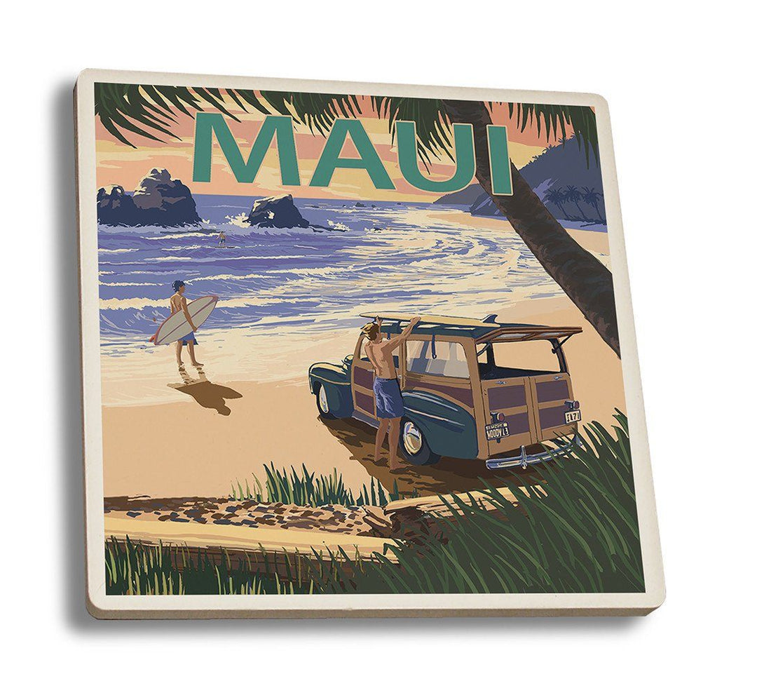 Coaster (Maui, Hawaii - Woody and Beach - Lantern Press Artwork) Coaster Nightingale Boutique Coaster Set 