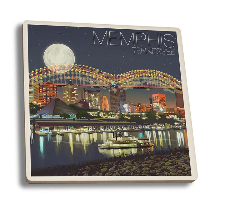 Coaster (Memphis, Tennessee - Skyline at Night - Lantern Press Artwork) Coaster Nightingale Boutique Coaster Set 