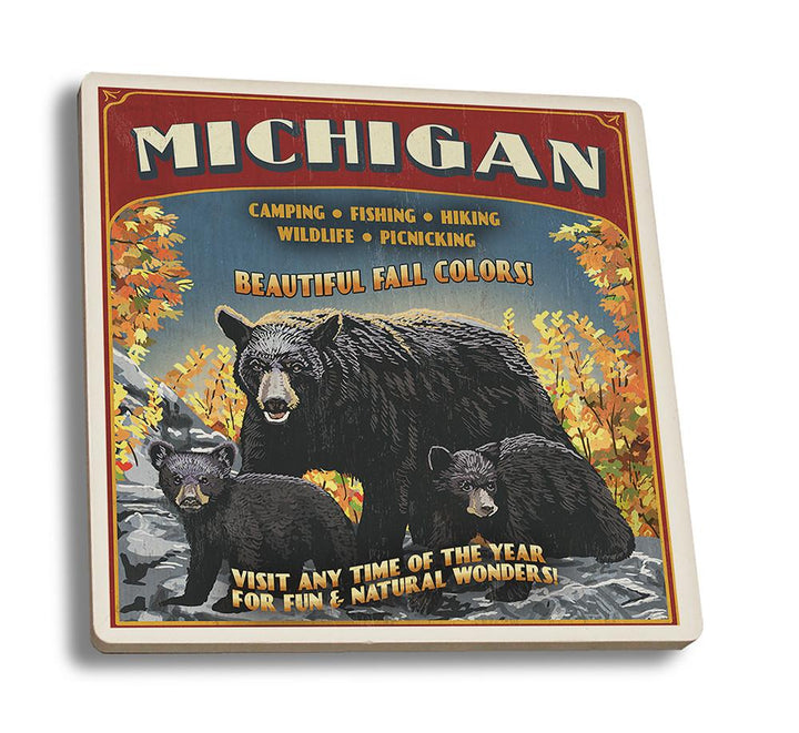 Coaster (Michigan - Black Bears & Fall Colors Vintage Sign - Lantern Press Artwork) Coaster Nightingale Boutique Coaster Set 