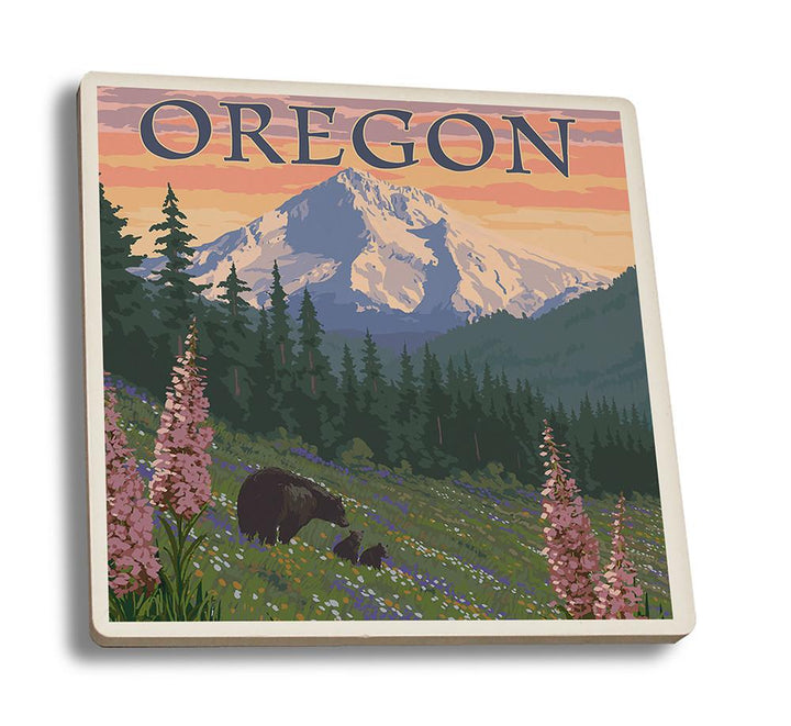 Coaster (Mount Hood, Oregon - Bear Family & Spring Flowers - Lantern Press Poster) Coaster Nightingale Boutique Coaster Set 