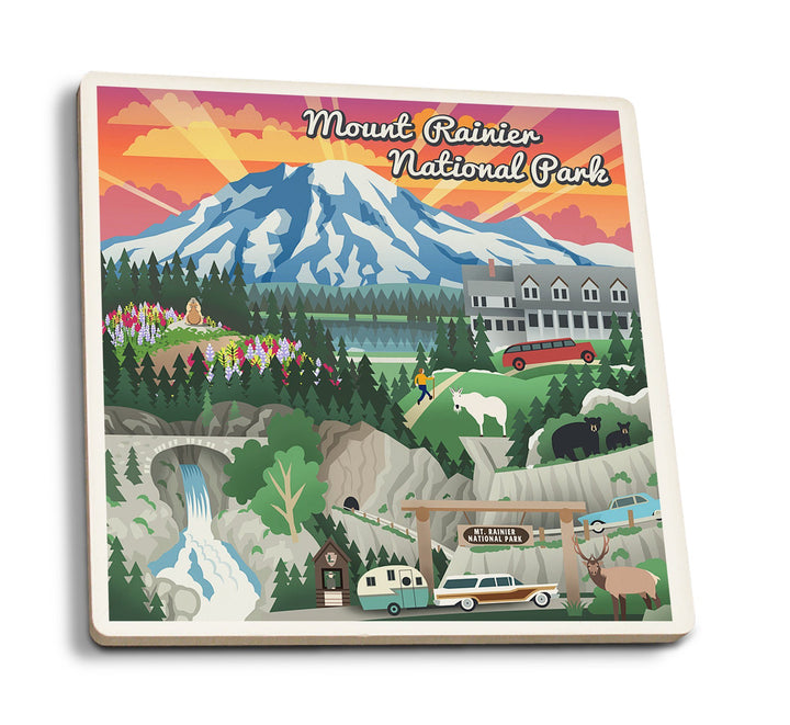 Coaster (Mount Rainier National Park, Washington - Retro View - Lantern Press Artwork) Coaster Nightingale Boutique Coaster Pack 