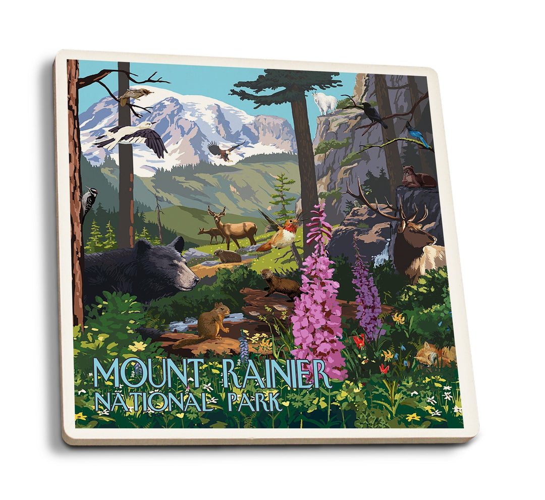 Coaster (Mount Rainier National Park - Wildlife Utopia - Lantern Press Poster) Coaster Nightingale Boutique Coaster Pack 