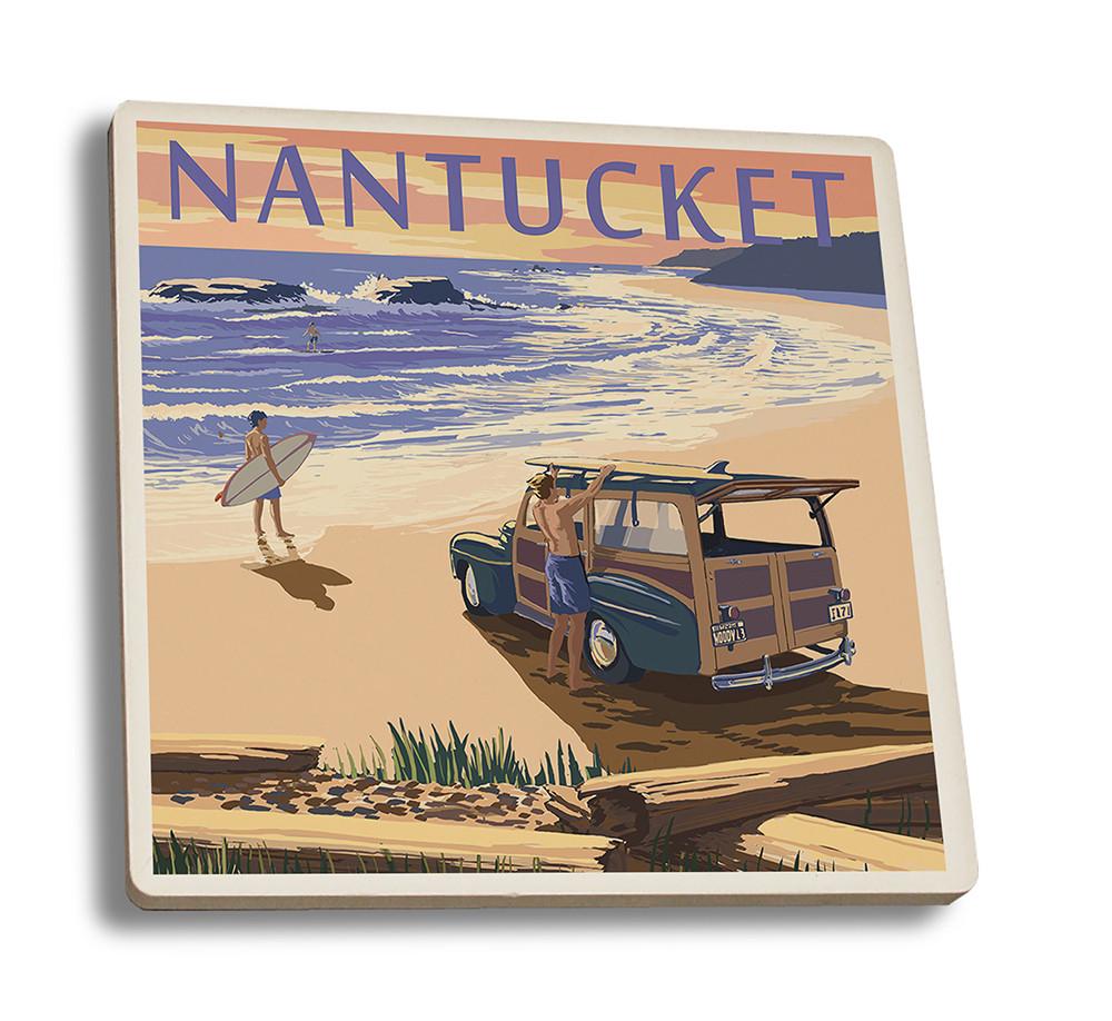 Coaster (Nantucket, Massachusetts - Woody on Beach - Lantern Press Artwork) Coaster Nightingale Boutique Coaster Set 