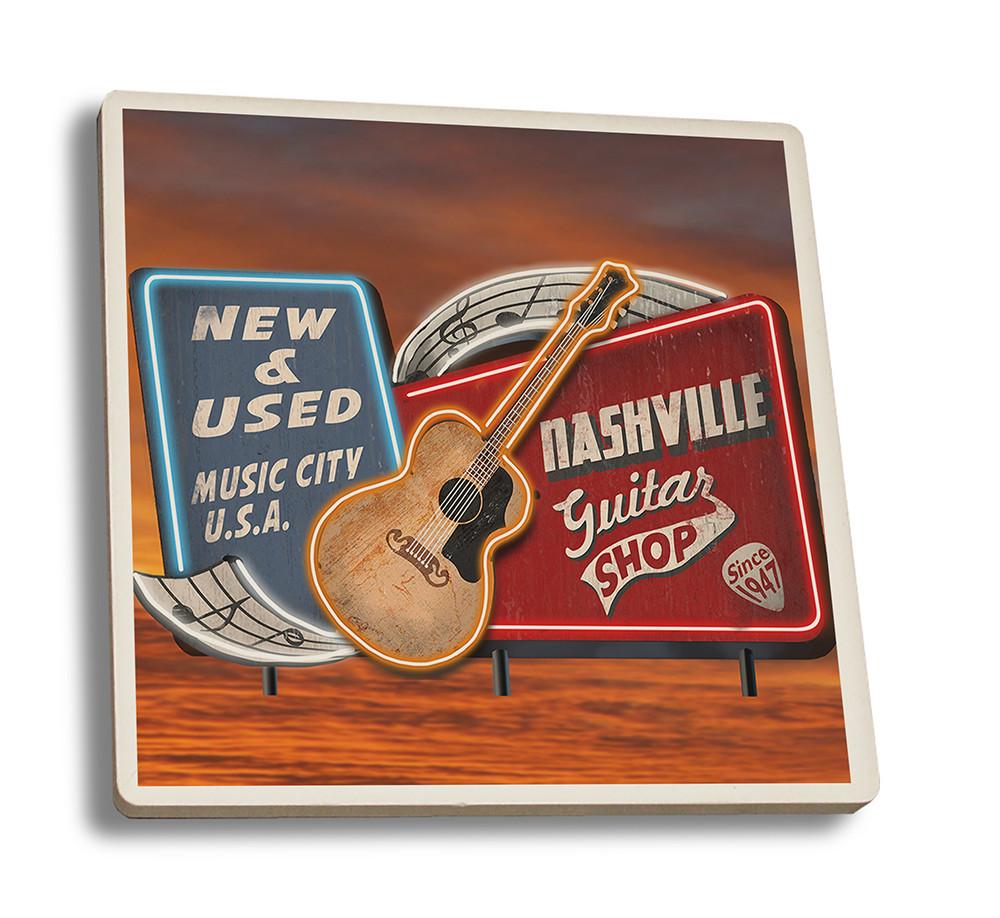 Coaster (Nashville, Tennessee - Acoustic Guitar Music Shop - Lantern Press Artwork) Coaster Nightingale Boutique Coaster Set 