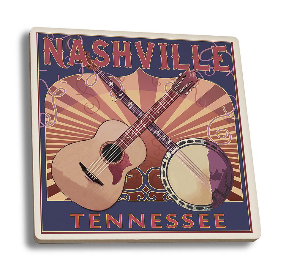 Coaster (Nashville, Tennessee - Guitar and Banjo Music - Lantern Press Artwork) Coaster Nightingale Boutique Coaster Set 