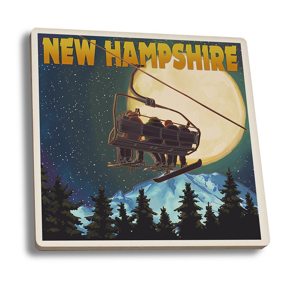Coaster (New Hampshire - Ski Lift & Full Moon - Lantern Press Artwork) Coaster Nightingale Boutique Coaster Set 