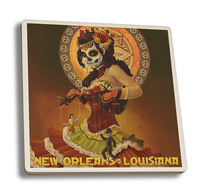 Coaster (New Orleans, Louisiana - Dia De Los Muertos Marionettes - Day of the Dead - Lantern Press Artwork) Coaster Nightingale Boutique Coaster Set 