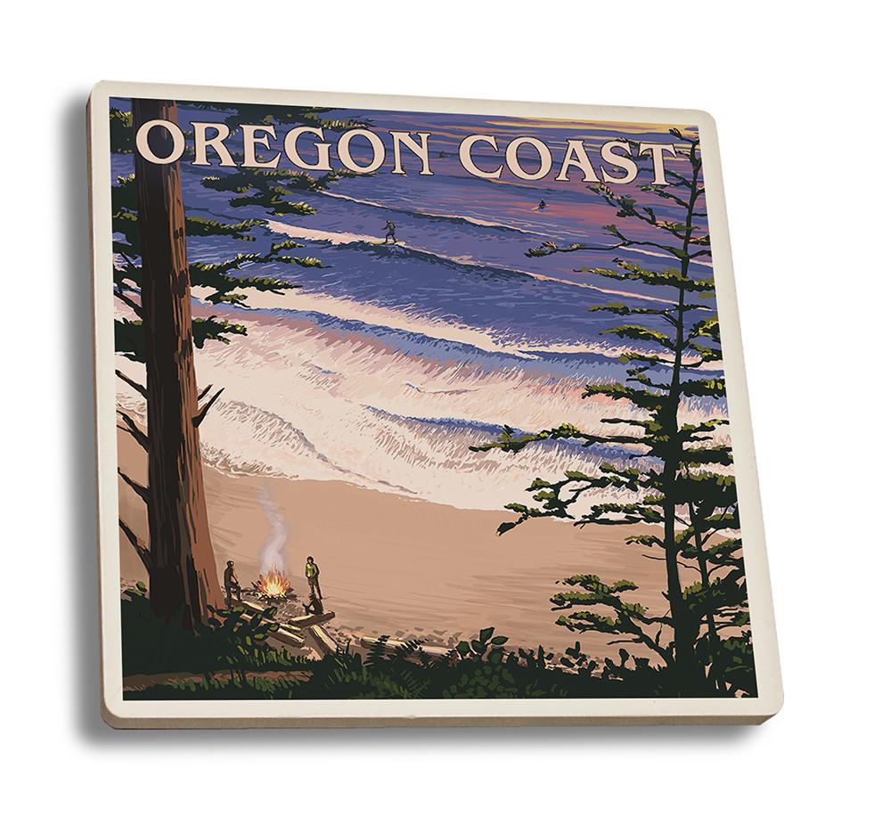 Coaster (Oregon Coast - Sunset Surfers - Lantern Press Artwork) Coaster Nightingale Boutique Coaster Set 