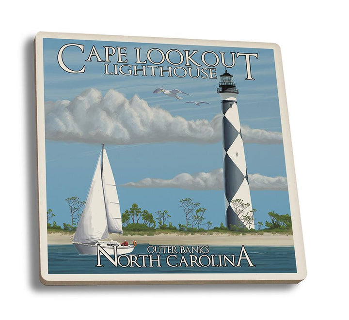 Coaster (Outer Banks, North Carolina - Cape Lookout Lighthouse - Lantern Press Artwork) Coaster Nightingale Boutique Coaster Set 