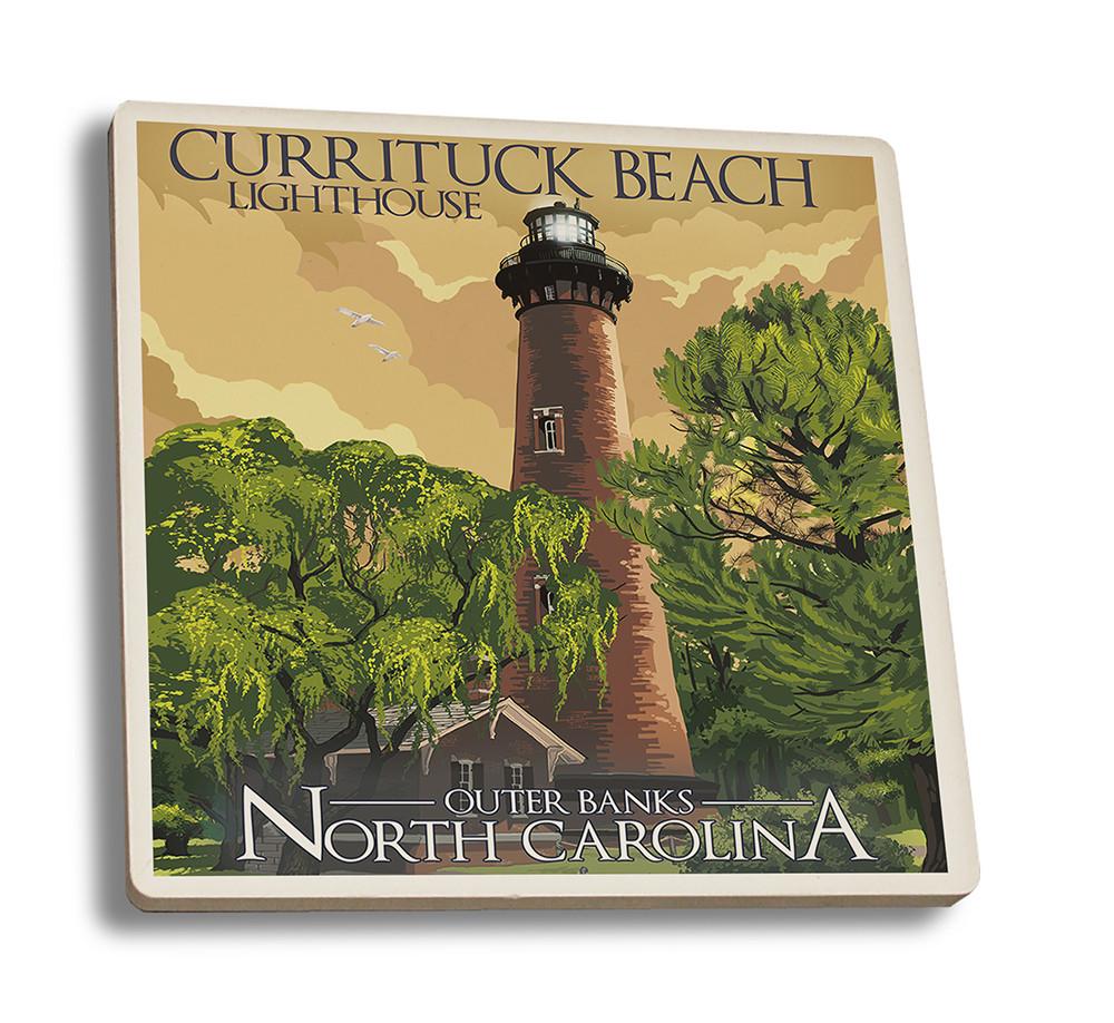 Coaster (Outer Banks, North Carolina - Currituck Beach Lighthouse - Lantern Press Artwork) Coaster Nightingale Boutique Coaster Set 