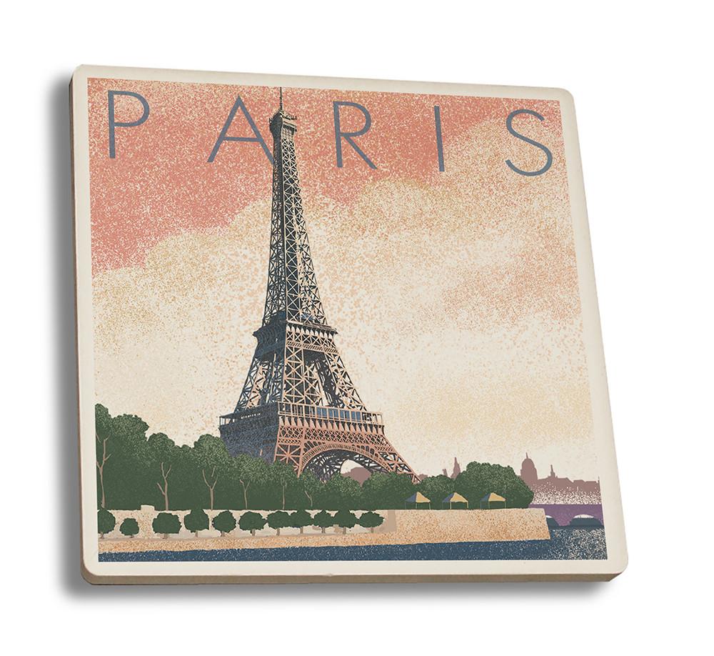 Coaster (Paris, France - Eiffel Tower & River - Lithograph Style - Lantern Press Artwork) Coaster Nightingale Boutique Coaster Set 