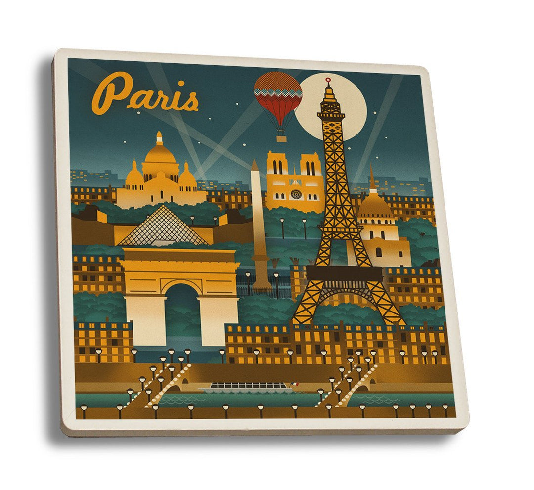 Coaster (Paris, France - Retro Skyline - Lantern Press Artwork) Coaster Nightingale Boutique Coaster Set 