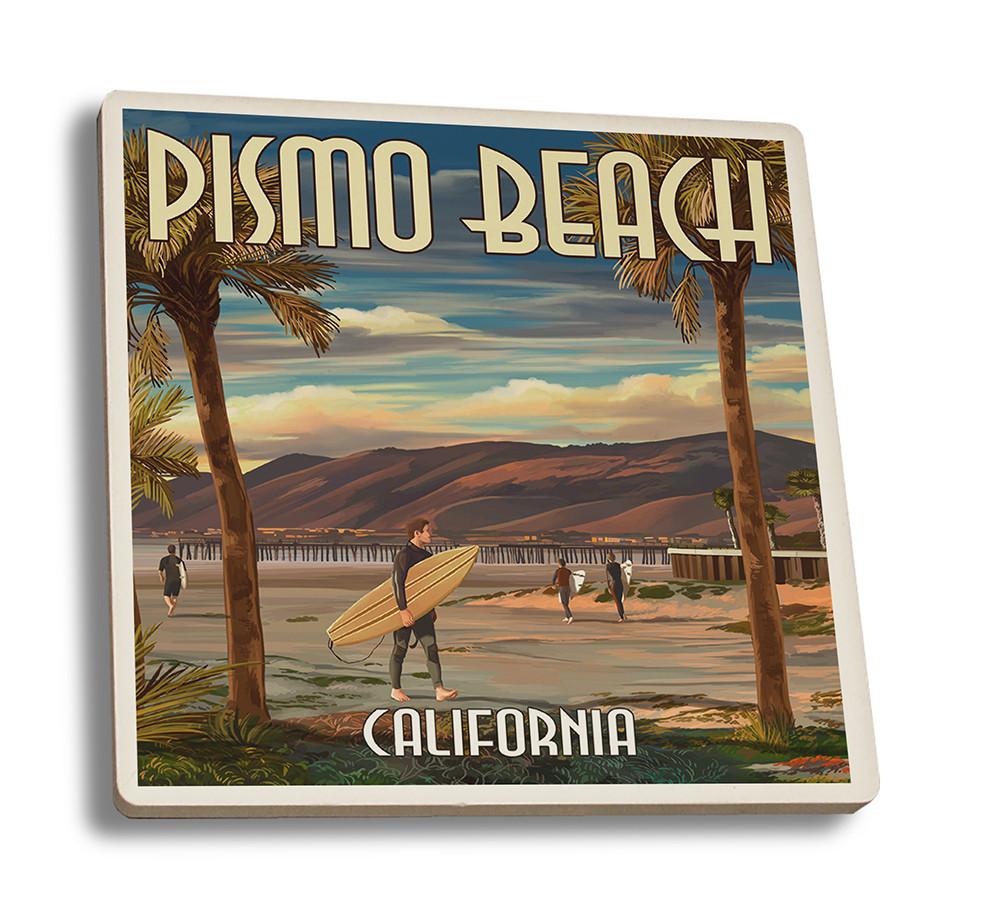 Coaster (Pismo Beach, California - Surfer & Pier - Lantern Press Artwork) Coaster Nightingale Boutique Coaster Set 