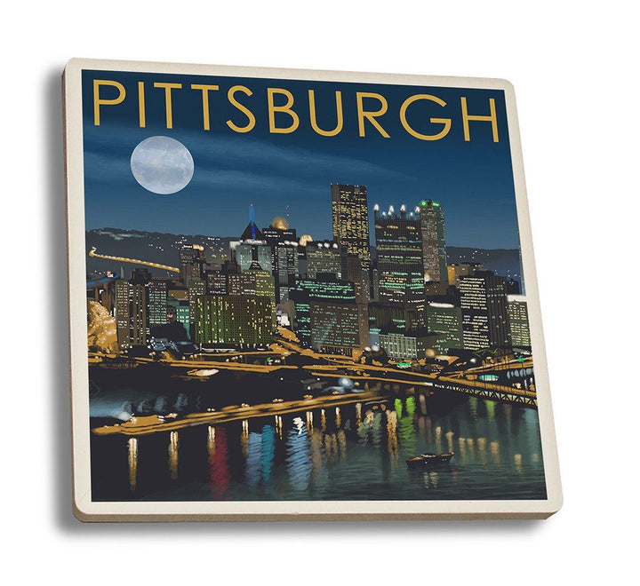 Coaster (Pittsburgh, Pennsylvania - Skyline at Night - Lantern Press Artwork) Coaster Nightingale Boutique Coaster Set 