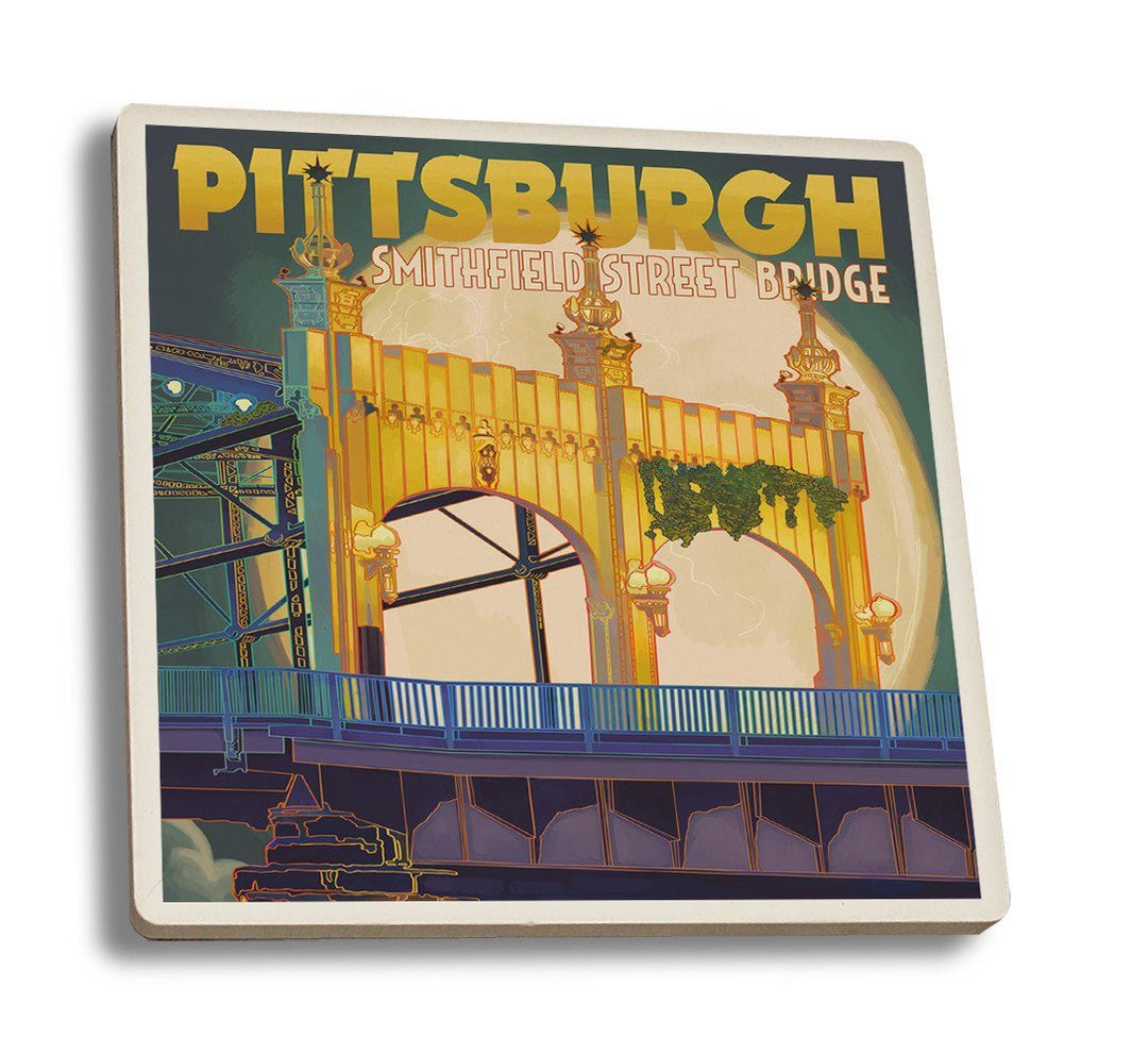 Coaster (Pittsburgh, Pennsylvania - Smithfield St. Bridge & Moon - Lantern Press Artwork) Coaster Nightingale Boutique Coaster Set 