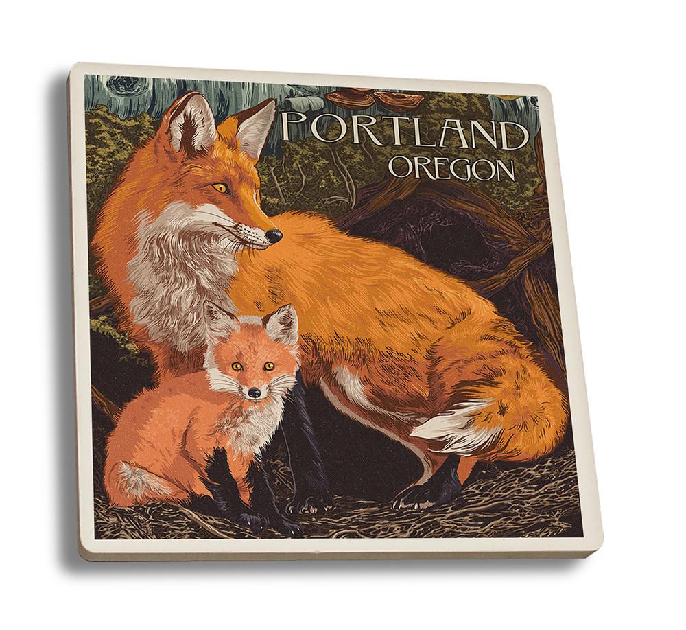 Coaster (Portland, Oregon - Fox & Kit - Letterpress - Lantern Press Artwork) Coaster Nightingale Boutique Coaster Set 