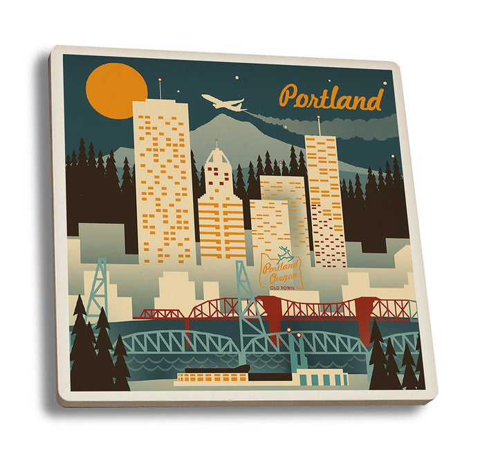 Coaster (Portland, Oregon - Retro Skyline - Lantern Press Artwork) Coaster Nightingale Boutique Coaster Set 