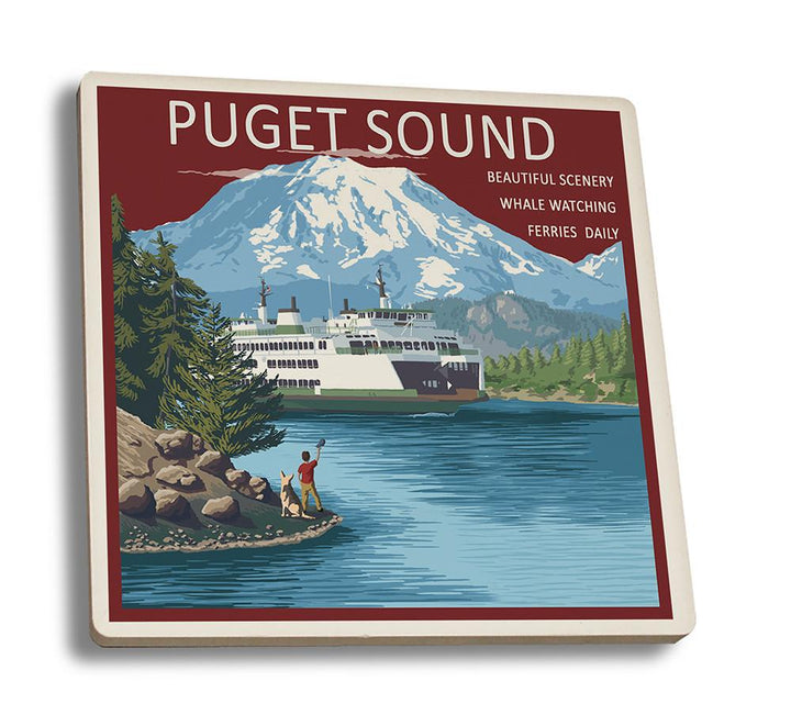 Coaster (Puget Sound, Washington - Ferry & Mount Rainier Scene - Lantern Press Artwork) Coaster Nightingale Boutique Coaster Set 