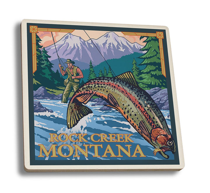 Coaster (Rock Creek, Montana - Fly Fishing Scene - Lantern Press Artwork) Coaster Nightingale Boutique Coaster Set 