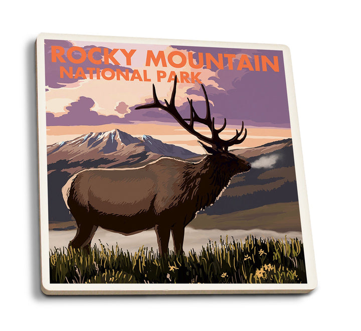 Coaster (Rocky Mountain National Park, Colorado - Elk & Sunset - Lantern Press Artwork) Coaster Nightingale Boutique Coaster Pack 