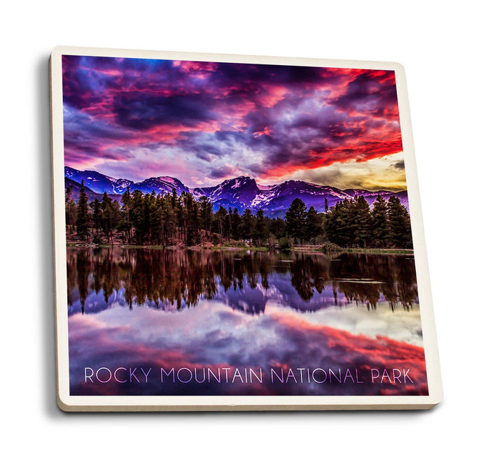 Coaster (Rocky Mountain National Park, Colorado - Sunset & Sprague Lake - Lantern Press Photography) Coaster Nightingale Boutique Coaster Pack 