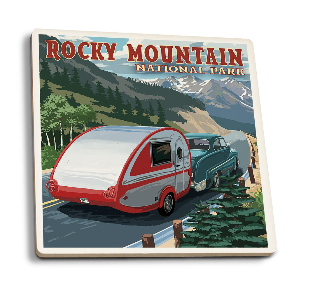 Coaster (Rocky Mountain National Park - Retro Camper - Lantern Press Artwork) Coaster Nightingale Boutique Coaster Pack 