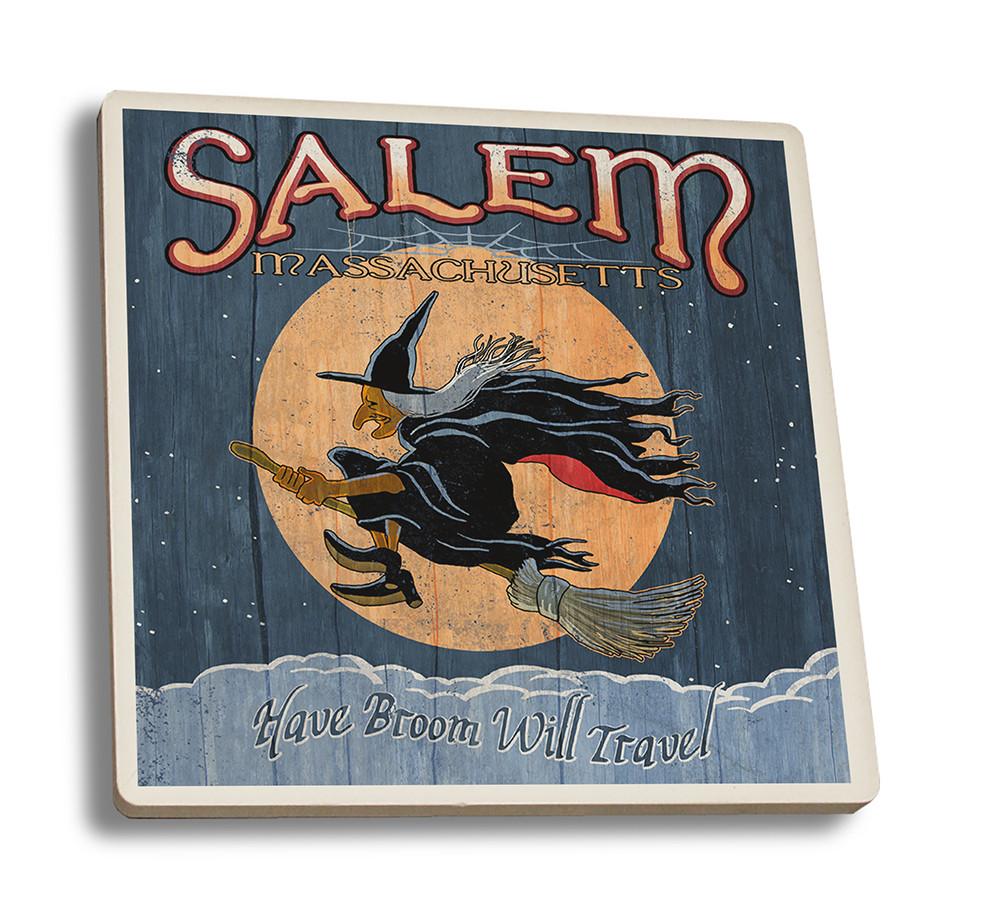 Coaster (Salem, Massachusetts - Witch Vintage Sign - Lantern Press Artwork) Coaster Nightingale Boutique Coaster Set 