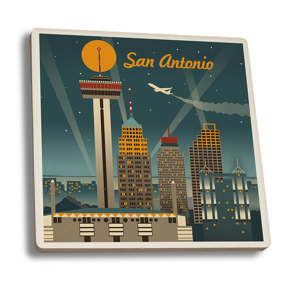 Coaster (San Antonio, Texas - Retro Skyline - Lantern Press Artwork) Coaster Nightingale Boutique Coaster Set 