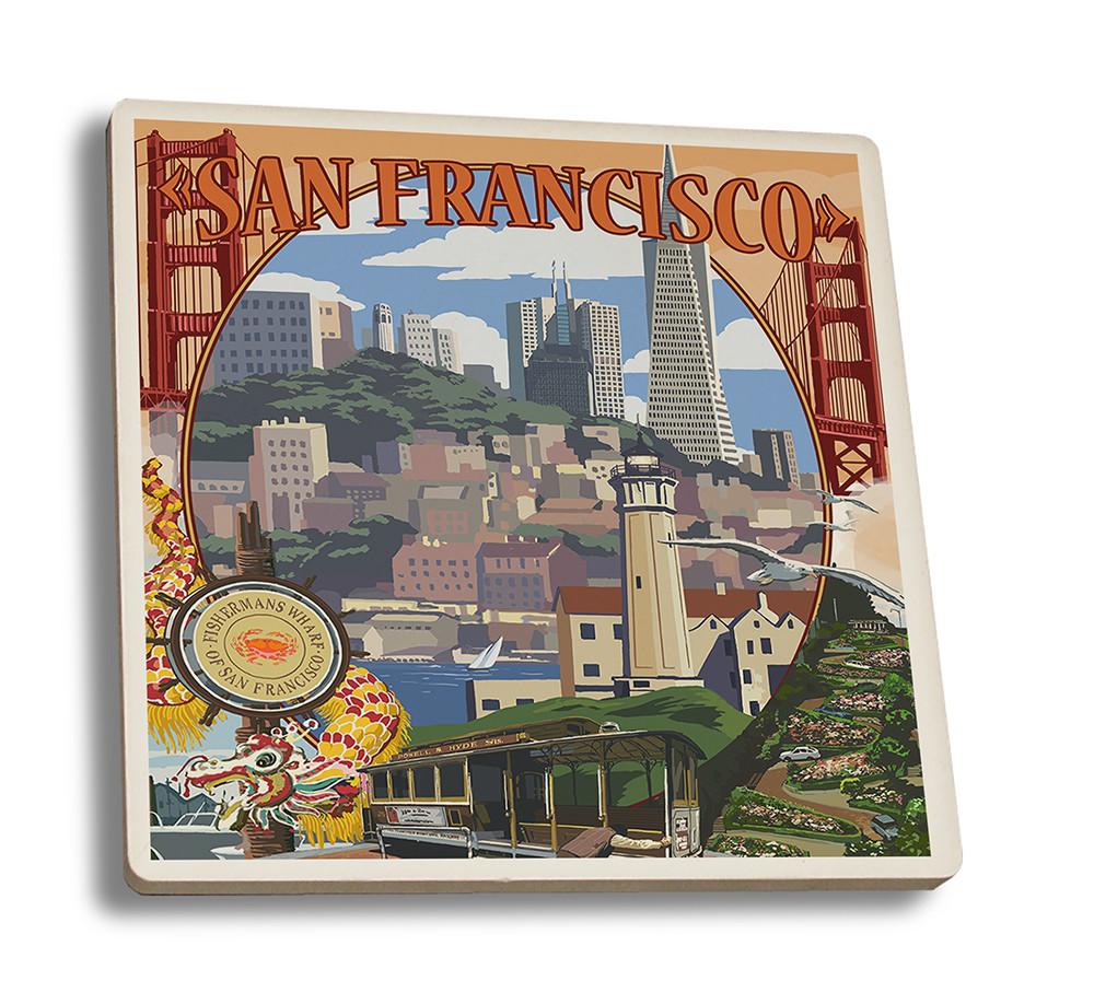 Coaster (San Francisco, California - Montage Scenes - Lantern Press Artwork) Coaster Nightingale Boutique Coaster Set 