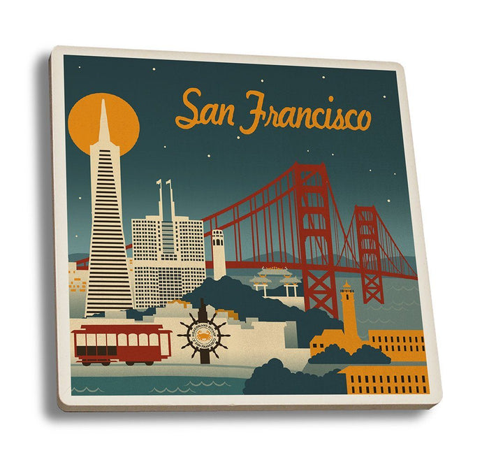 Coaster (San Francisco, California - Retro Skyline - Lantern Press Artwork) Coaster Nightingale Boutique Coaster Set 
