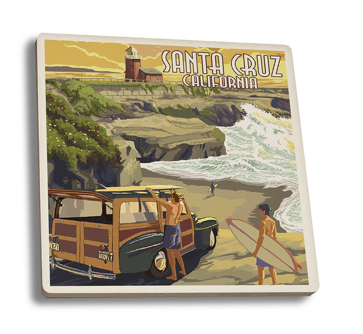 Coaster (Santa Cruz, California - Woody and Lighthouse - Lantern Press Artwork) Coaster Nightingale Boutique Coaster Set 