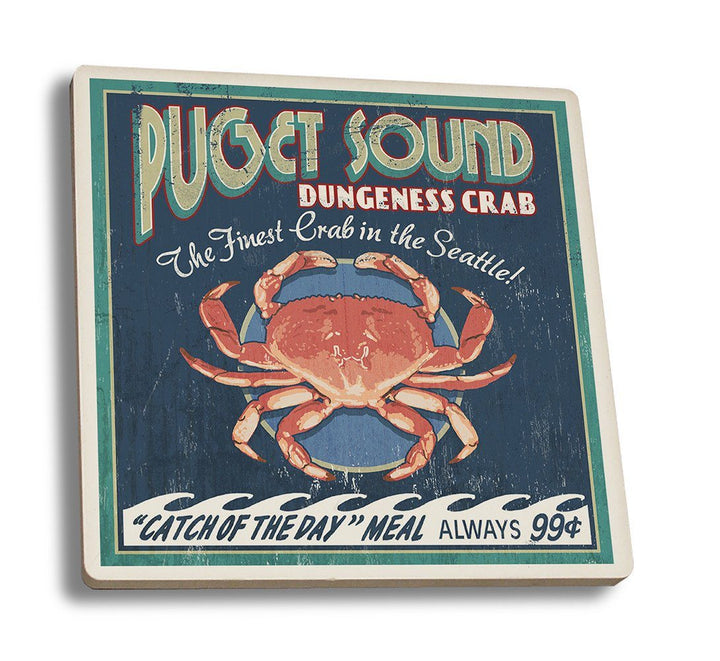 Coaster (Seattle, Washington - Dungeness Crab Vintage Sign - Lantern Press Artwork) Coaster Nightingale Boutique Coaster Set 
